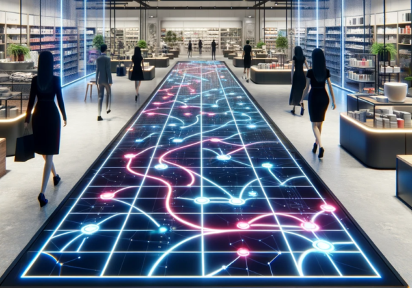 DALL·E 2023-12-01 12.07.46 - In a modern retail store, the floor is embedded with interactive LED pathways that change colors and directions, symbolizing the dynamic pathfinding o Interactive LED pathways in modern retail store
