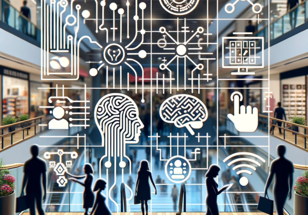 Shoppers in mall with futuristic technology holograms.