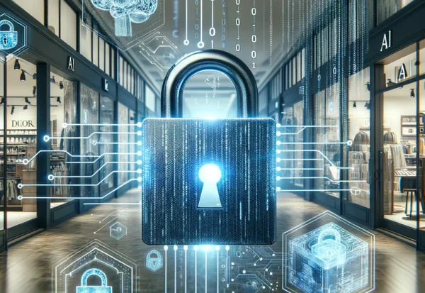 Cybersecurity concept with padlock and digital icons.