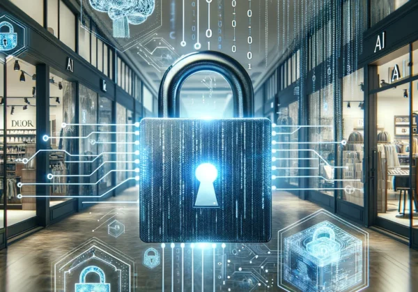 DALL·E-2024-02-06-09.46.43-Create-an-image-for-a-blog-post-about-data-security-in-AI-driven-retail.-The-image-should-depict-a-retail-environment-with-digital-themes-like-binary Cybersecurity concept with padlock and digital icons.